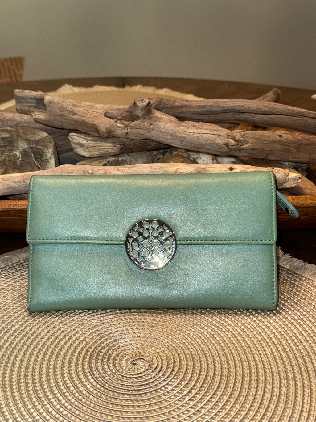 Coach Fern Green Sapiano Leather Clutch Signature C Circular Medallion
